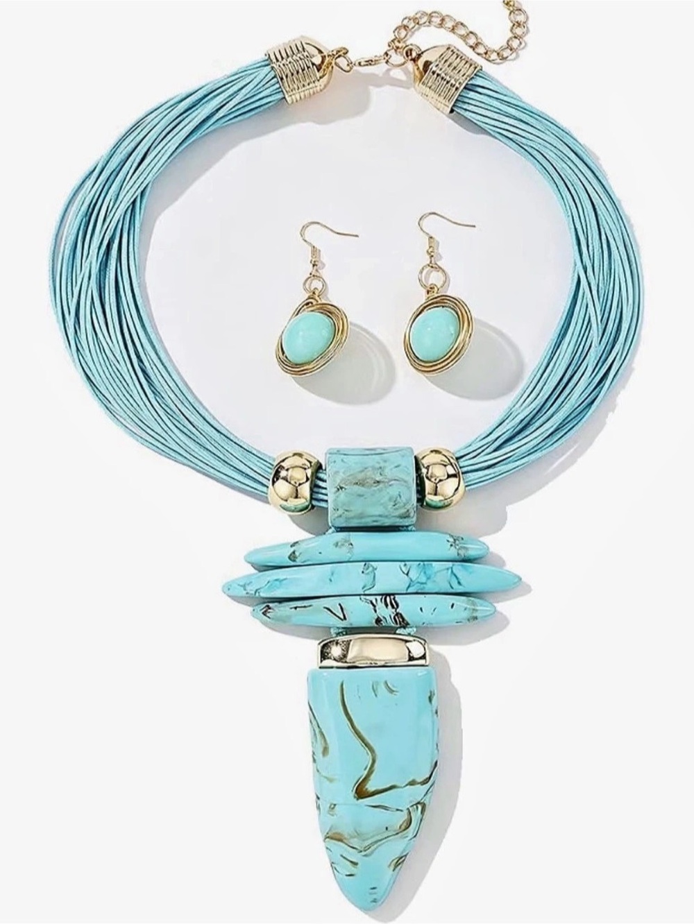 NEW Turquoise Pendant Necklace & Drop Earrings Blue & Gold